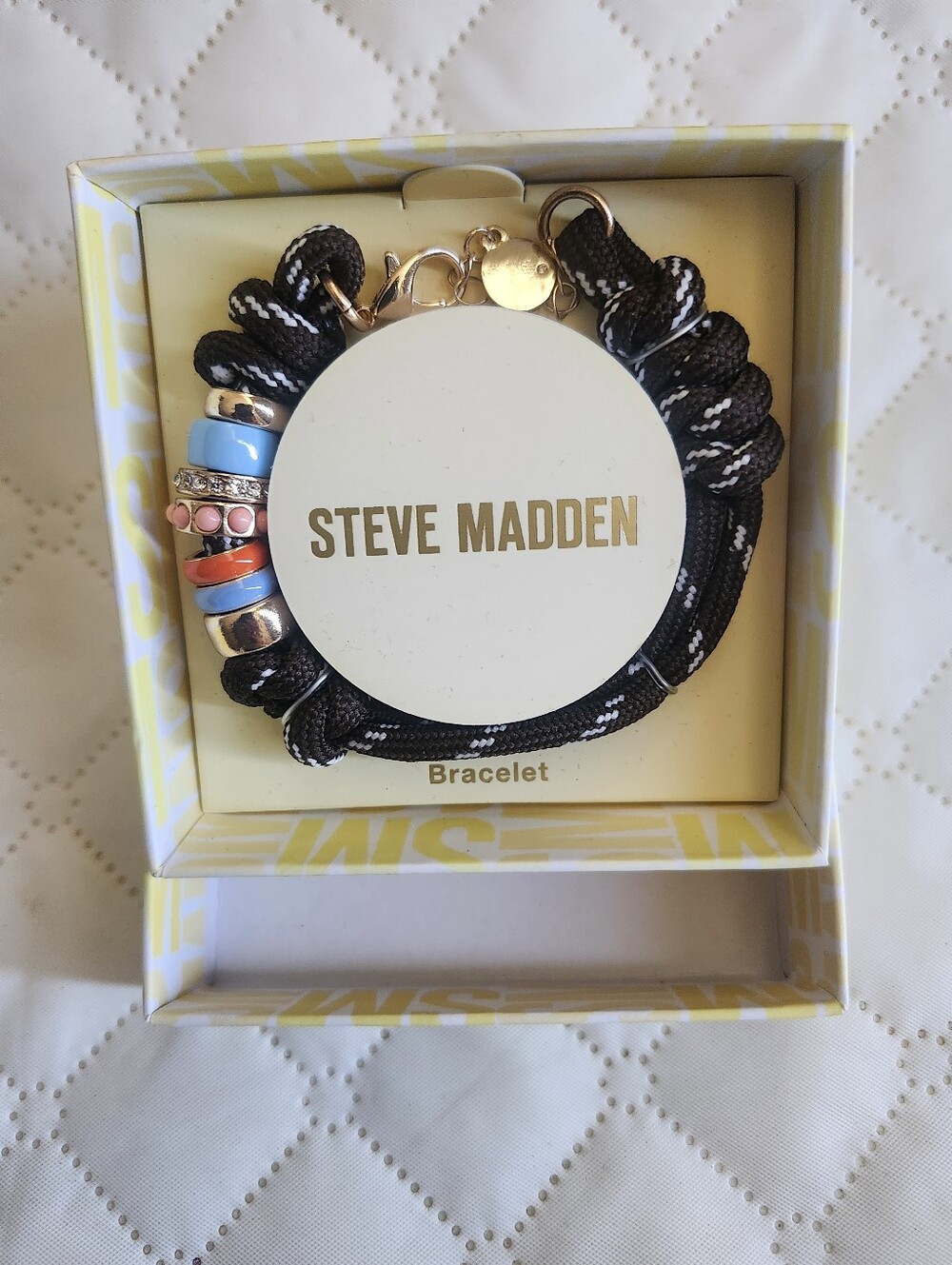 Steve Madden Black Braided Rope Bracelet with Blue, Pink and Orange Accents